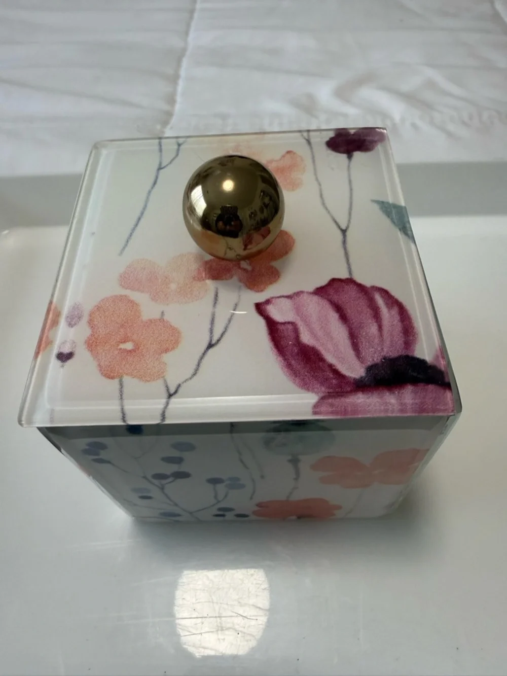 Floral Decorative acrylic Storage Box with Gold Knob & leather lining.